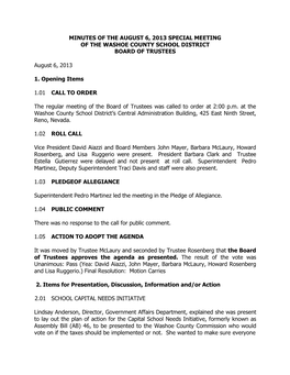 Minutes of the August 6, 2013 Special Meeting of the Washoe County School District Board of Trustees