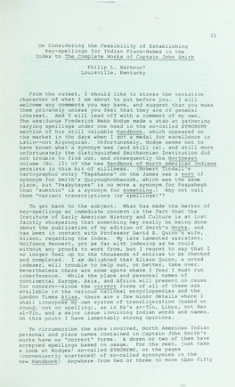 21 on Considering the Feasibility of Establishing Key-Spellings for Indian Place-Names in the Index to the Complete Works of Captain John Smith Philip L