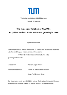 The Molecular Function of MLL/AF4 for Patient Derived Acute Leukemias Growing in Mice