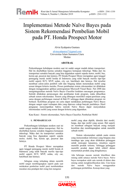 Implementasi Metode Naïve Bayes Pada Sistem Rekomendasi Pembelian Mobil Pada PT