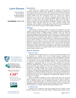 Lyme Disease Importance Lyme Disease Is a Tickborne Illness Caused by Members of the Borrelia Burgdorferi Sensu Lato Complex