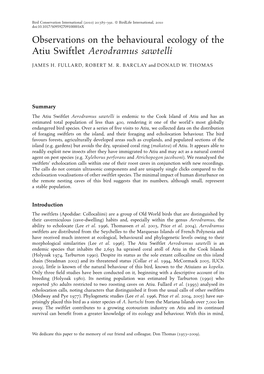 Observations on the Behavioural Ecology of the Atiu Swiftlet Aerodramus Sawtelli