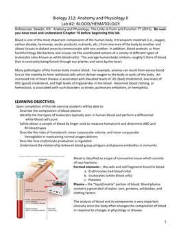 Biology 212: Anatomy and Physiology II Lab #2: BLOOD/HEMATOLOGY References: Saladin, KS: Anatomy and Physiology, the Unity of Form and Function 7Th (2015)