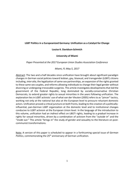 LGBT Politics in a Europeanized Germany: Unification As a Catalyst for Change Louise K. Davidson-Schmich University of Miami