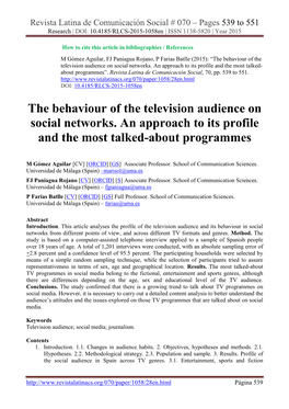 The Behaviour of the Television Audience on Social Networks. an Approach to Its Profile and the Most Talked- About Programmes”