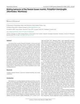 Mating Behavior of the Persian Boxer Mantid, Holaptilon Brevipugilis (Mantodea: Mantidae)