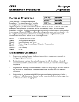 Mortgage Origination Examination Objectives