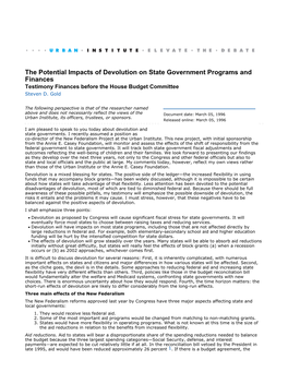 The Potential Impacts of Devolution on State Government Programs and Finances Testimony Finances Before the House Budget Committee Steven D