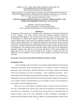 Cost of Goods Sold of Wajik at Cap Kuda Terbang Small and Medium Enterprise in Blitar: an Analysis