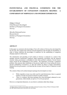 Institutional and Political Conditions for the Establishment of Congestion Charging Regimes: a Comparison of Norwegian and Swedish Experiences