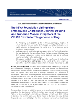 The BBVA Foundation Distinguishes Emmanuelle Charpentier, Jennifer Doudna and Francisco Mojica, Instigators of the CRISPR “Revolution” in Genome Editing