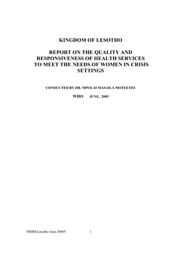 Kingdom of Lesotho Report on the Quality And