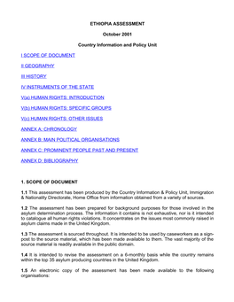 ETHIOPIA ASSESSMENT October 2001 Country Information and Policy Unit I SCOPE of DOCUMENT II GEOGRAPHY III HISTORY IV INSTRUMENTS