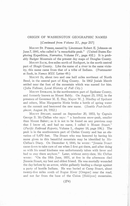 ORIGIN of WASHINGTON GEOGRAPHIC NAMES [Continued from Volume XI., Page 217] MOUNT ST