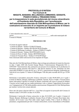 PROTOCOLLO D'intesa Tra I Comuni Di MASATE, BASIANO