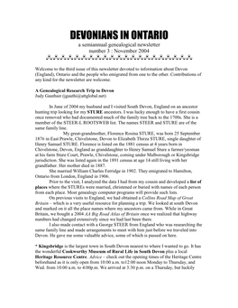 DEVONIANS in ONTARIO a Semiannual Genealogical Newsletter Number 3 : November 2004 ¤¤¤¤¤¤¤¤¤¤¤¤¤¤¤¤¤¤¤¤¤