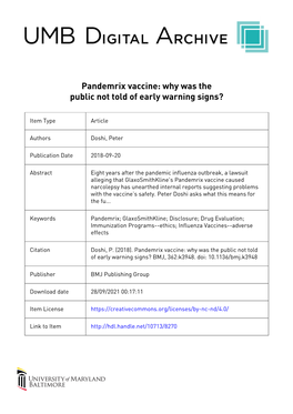 Pandemrix Vaccine: Why Was the Public Not Told of Early Warning Signs?