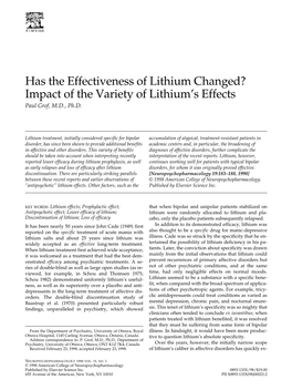 Has the Effectiveness of Lithium Changed? Impact of the Variety of Lithium’S Effects Paul Grof, M.D., Ph.D