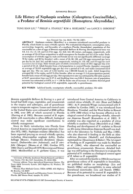 Life History of Nephaspis Oculatus (Coleoptera: Coccinellidae), a Predator of Bemisia Argentifolii (Homoptera: Aleyrodidae)