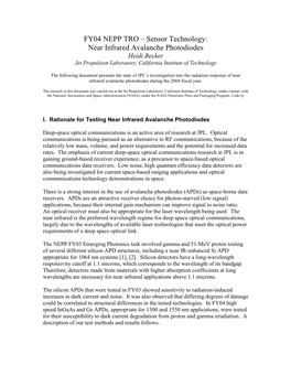 Sensor Technology: Near Infrared Avalanche Photodiodes Heidi Becker Jet Propulsion Laboratory, California Institute of Technology