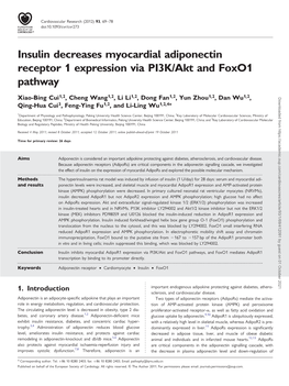 Insulin Decreases Myocardial Adiponectin Receptor 1 Expression Via PI3K/Akt and Foxo1 Pathway