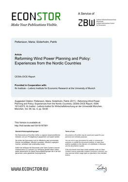 Reforming Wind Power Planning and Policy: Experiences from the Nordic Countries