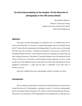 Art and Science Playing on the Margins. on the Discovery of Photography in the 19Th Century Brazil