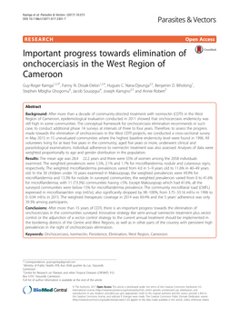 Important Progress Towards Elimination of Onchocerciasis in the West Region of Cameroon Guy-Roger Kamga1,2,3*, Fanny N