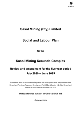 Sasol Mining (Pty) Limited Social and Labour Plan Sasol Mining Secunda