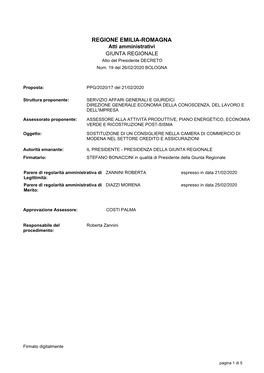 REGIONE EMILIA-ROMAGNA Atti Amministrativi GIUNTA REGIONALE Atto Del Presidente DECRETO Num