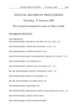 Thursday, 27 January 2005 the Council Continued to Meet at Nine O