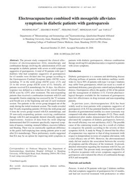 Electroacupuncture Combined with Mosapride Alleviates Symptoms in Diabetic Patients with Gastroparesis