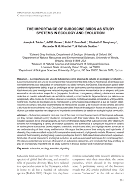 The Importance of Suboscine Birds As Study Systems in Ecology and Evolution