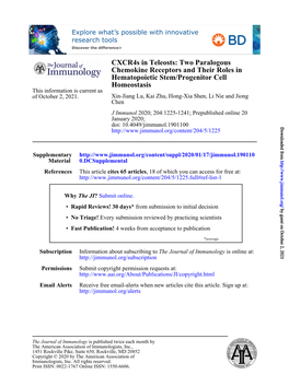 Cxcr4s in Teleosts: Two Paralogous Chemokine Receptors and Their