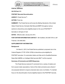 7710-12 POSTAL SERVICE 39 CFR Part 111 POSTNET Barcode