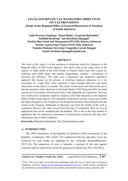 LEGAL EFFORTS of TAX MANDATORY OBJECTIVES on TAX PROVISIONS (Study in the Regional Office of General Directorate of Taxation of South Jakarta I)