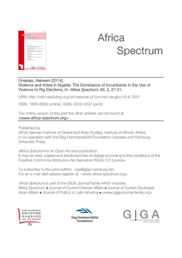 Violence and Votes in Nigeria: the Dominance of Incumbents in the Use of Violence to Rig Elections, In: Africa Spectrum, 49, 2, 27-51