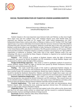 Social Transformation of Pakistan Under Kashmir Dispute