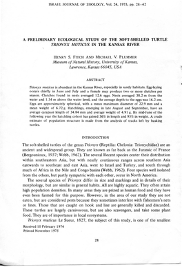 A Preliminary Ecological Study of the Soft-Shelled Turtle Tr/Onyx Muticus in the Kansas River