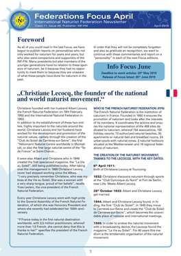 Federations Focus April International Naturist Federation Newsletter Class 11, Issue 46, Publisher: INF-FNI April 2019