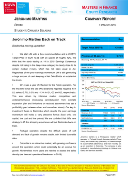 Jerónimo Martins Back on Track Recommendation: Buy