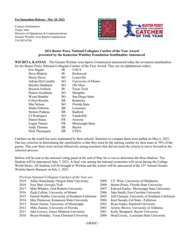 2021 Buster Posey National Collegiate Catcher of the Year Award Presented by the Kamerion Wimbley Foundation Semifinalists Announced