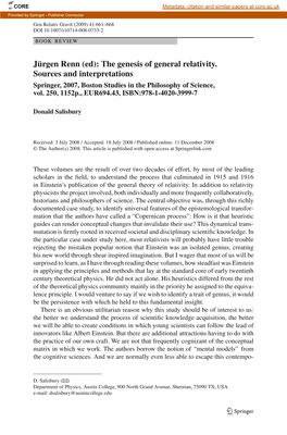 (Ed): the Genesis of General Relativity. Sources and Interpretations Springer, 2007, Boston Studies in the Philosophy of Science, Vol
