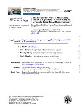 Malt1 Protease Is Critical in Maintaining Function of Regulatory T Cells and May Be a Therapeutic Target for Antitumor Immunity