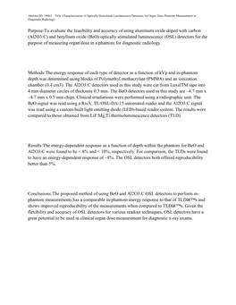 (Al2o3:C) and Beryllium Oxide (Beo) Optically Stimulated Luminescence (OSL) Detectors for the Purpose of Measuring Organ Dose in a Phantom for Diagnostic Radiology