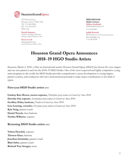 Houston Grand Opera Announces 2018–19 HGO Studio Artists