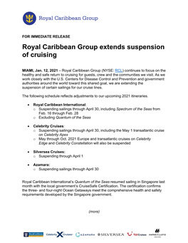 Royal Caribbean Group Extends Suspension of Cruising