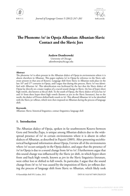 The Phoneme /O/ in Opoja Albanian: Albanian-Slavic Contact and the Slavic Jers