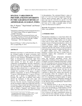 Spatial Variation in Phytoplankton Diversity in the Sabarmati River At