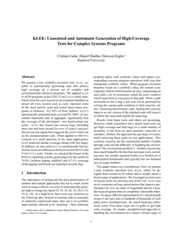 KLEE: Unassisted and Automatic Generation of High-Coverage Tests for Complex Systems Programs